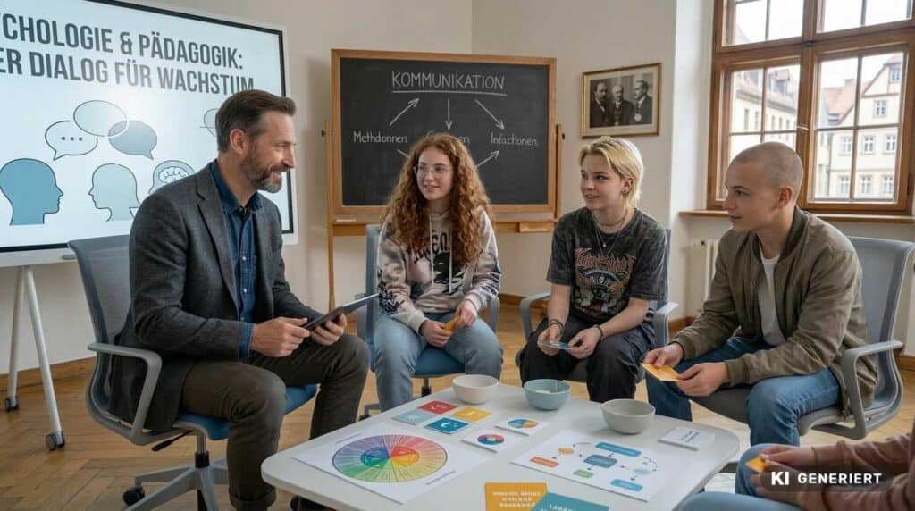 Fotorealistische KI-Generierung: Ein Lehrer im Gespräch mit drei Jugendlichen im Klassenzimmer, auf dem Tisch liegen Arbeitsmaterialien und eine Infografik zum Thema Psychologie und Pädagogik.