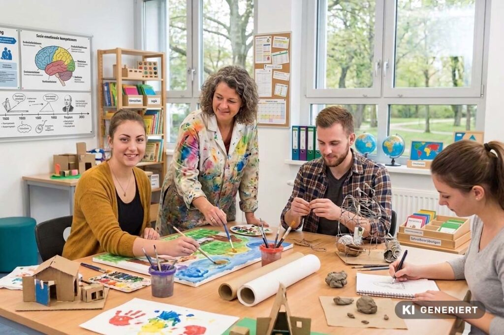 Fotorealistische KI-Generierung: Eine Dozentin schaut einer Schülerin über die Schulter, die in einem kreativen Klassenraum mit Pinsel an einem bunten Bild malt, während daneben andere Studierende mit Basteln und Zeichnen beschäftigt sind.