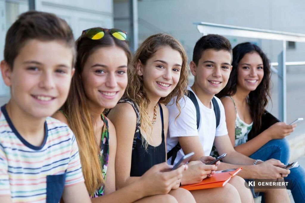 Fotorealistische KI-Generierung: Eine Gruppe von fünf jungen Jugendlichen sitzt im Freien nebeneinander, lächelt freundlich in die Kamera und hält Smartphones oder Unterlagen in den Händen.