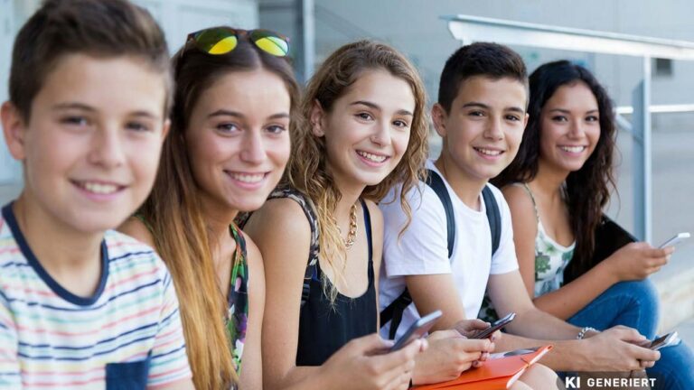 Fotorealistische KI-Generierung: Eine Gruppe von fünf jungen Jugendlichen sitzt im Freien nebeneinander, lächelt freundlich in die Kamera und hält Smartphones oder Unterlagen in den Händen.