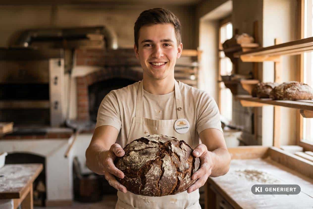 Fotorealistische KI-Generierung: Ein junger Bäcker in Schürze hält stolz einen frisch gebackenen, runden Laib Brot in die Kamera, im Hintergrund befindet sich eine traditionelle Backstube mit Backofen und Holzregalen.