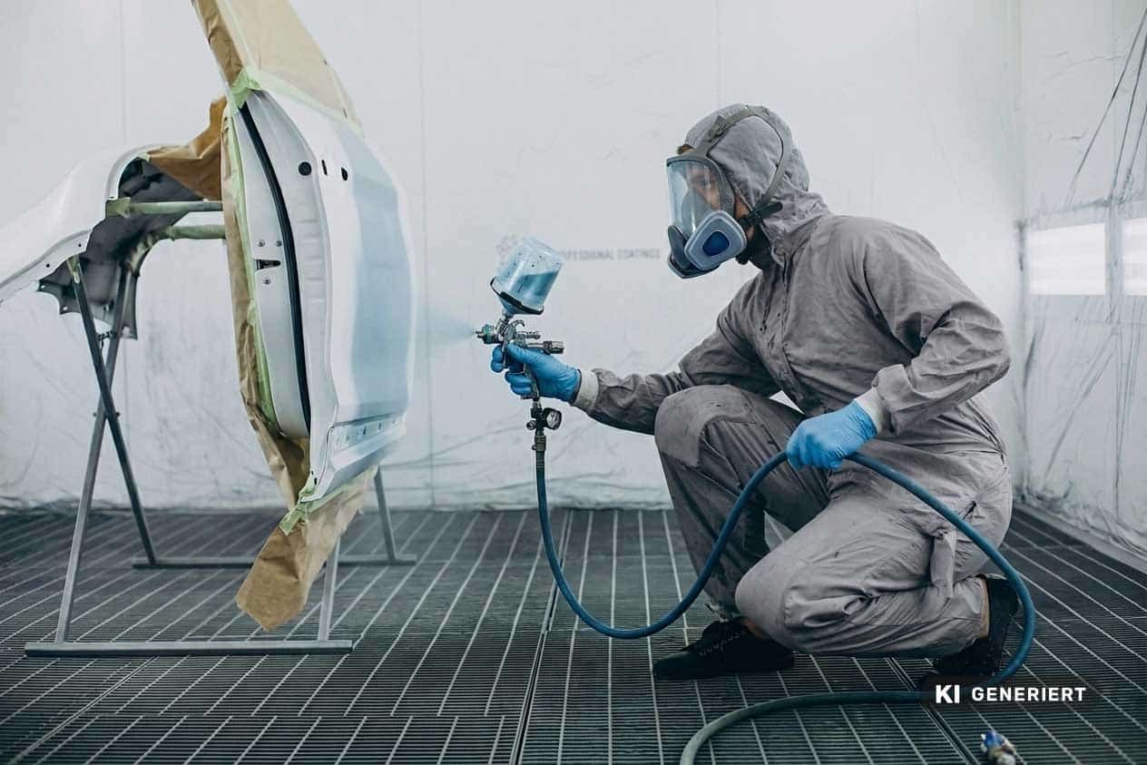 Fotorealistische KI-Generierung: Eine Person in einem Schutzanzug und mit Vollgesichtsmaske lackiert mit einer Spritzpistole ein Autoteil in einer professionellen Lackierkabine.