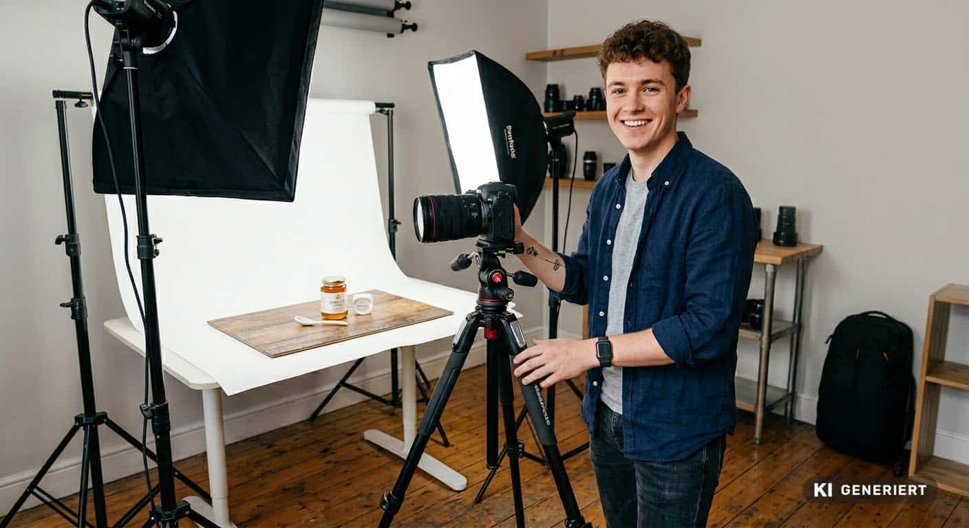 Fotorealistische KI-Generierung: Ein junger Fotograf steht in einem Studio mit professioneller Kamera auf einem Stativ, Softboxen als Beleuchtung und einem Aufnahmetisch mit Produktfotografie im Hintergrund.