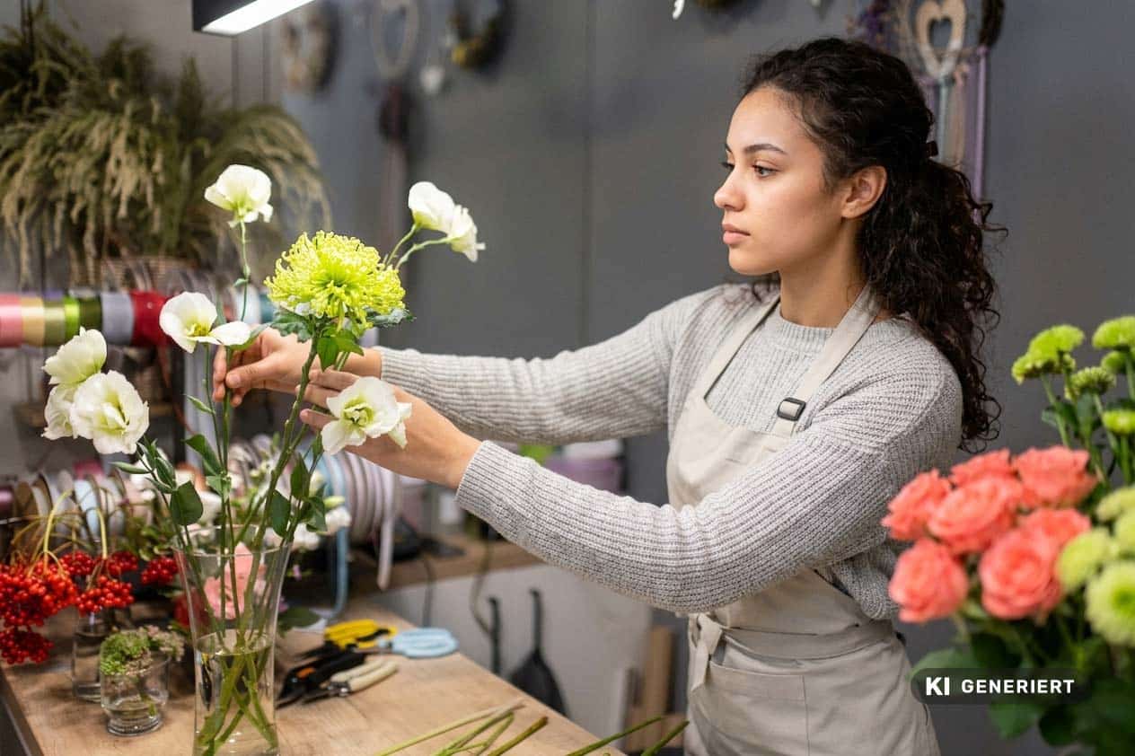 Fotorealistische KI-Generierung: Eine Auszubildende bindet in einem Blumenladen oder einer Floristikwerkstatt konzentriert einen Strauß aus weißen Blumen und grünen Chrysanthemen.