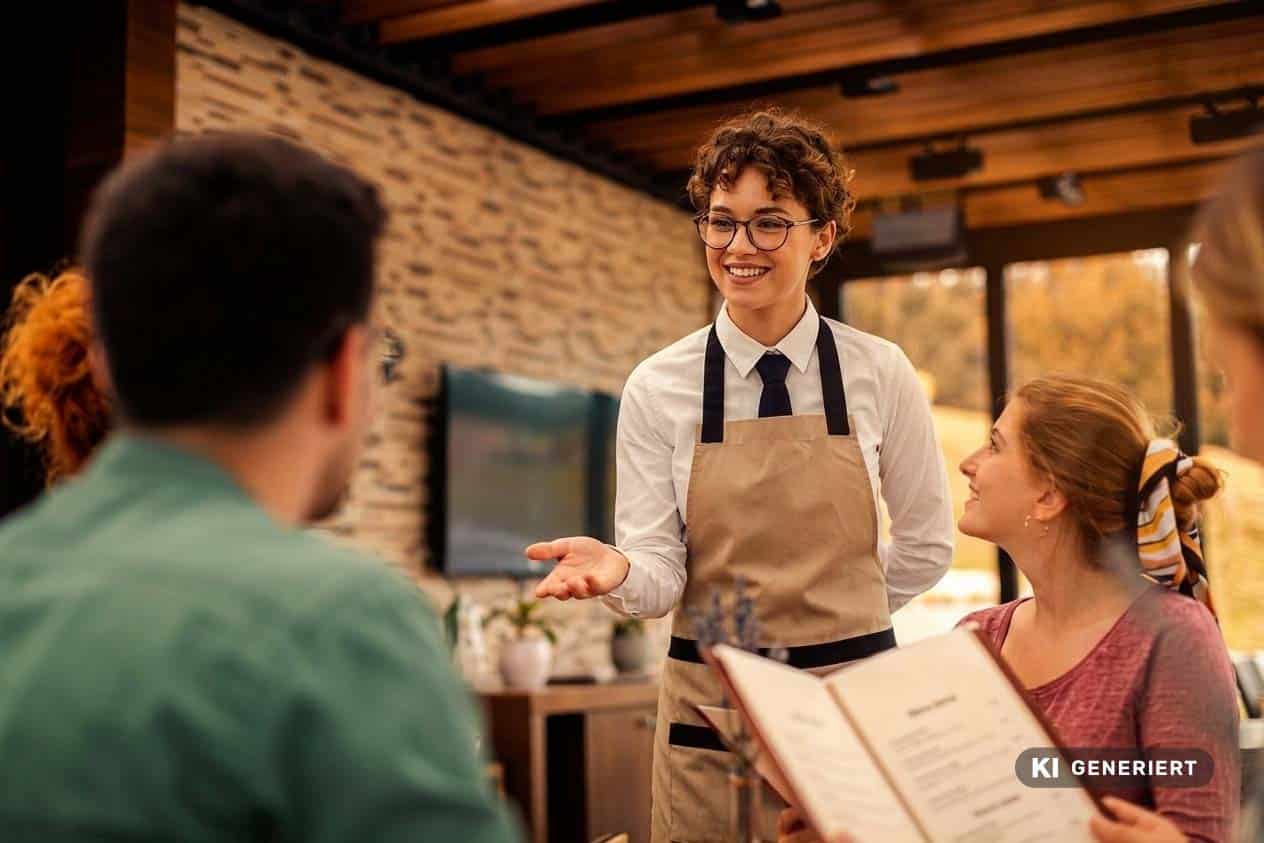 Fotorealistische KI-Generierung: Eine freundliche Servicekraft mit Brille, weißem Hemd, Krawatte und Schürze nimmt in einem Restaurant oder Café die Bestellung von Gästen am Tisch auf.
