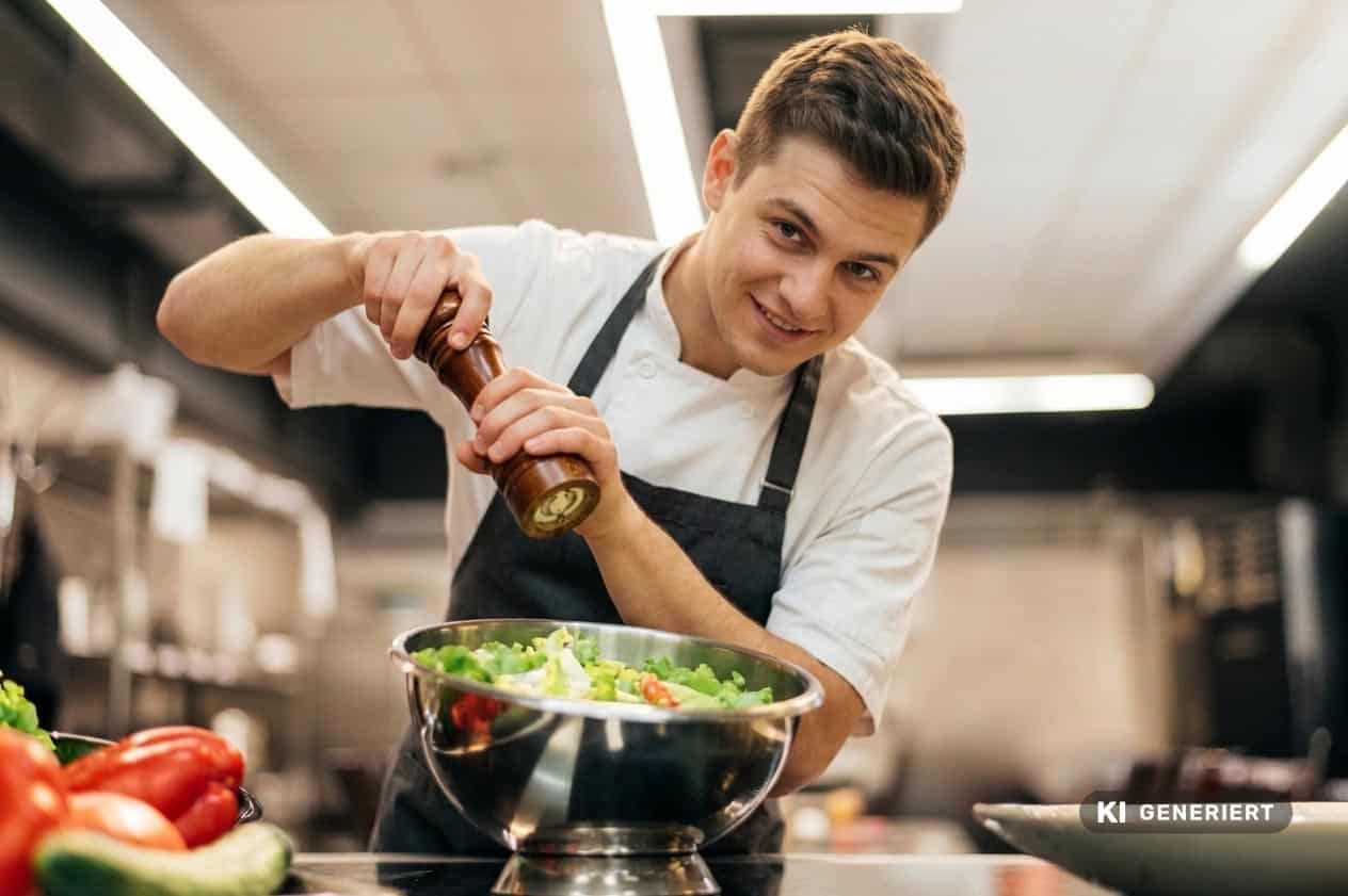 Fotorealistische KI-Generierung: Ein junger Auszubildender in Kochjacke und Schürze lächelt in die Kamera, während er mit einer Mühle frischen Pfeffer über eine große Salatschüssel in einer Küche gibt.