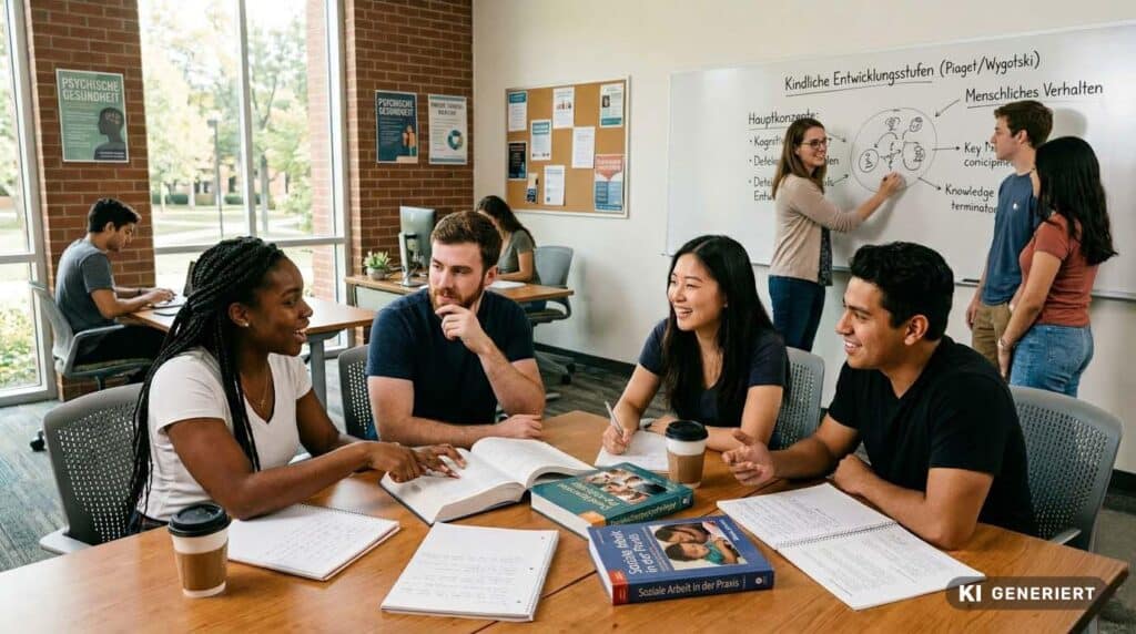 Fotorealistische KI-Generierung: Eine diverse Lerngruppe von Studierenden sitzt an einem Tisch mit Fachbüchern und Notizen im Klassenzimmer, während im Hintergrund Schaubilder zu kindlichen Entwicklungsstufen am Whiteboard besprochen werden.