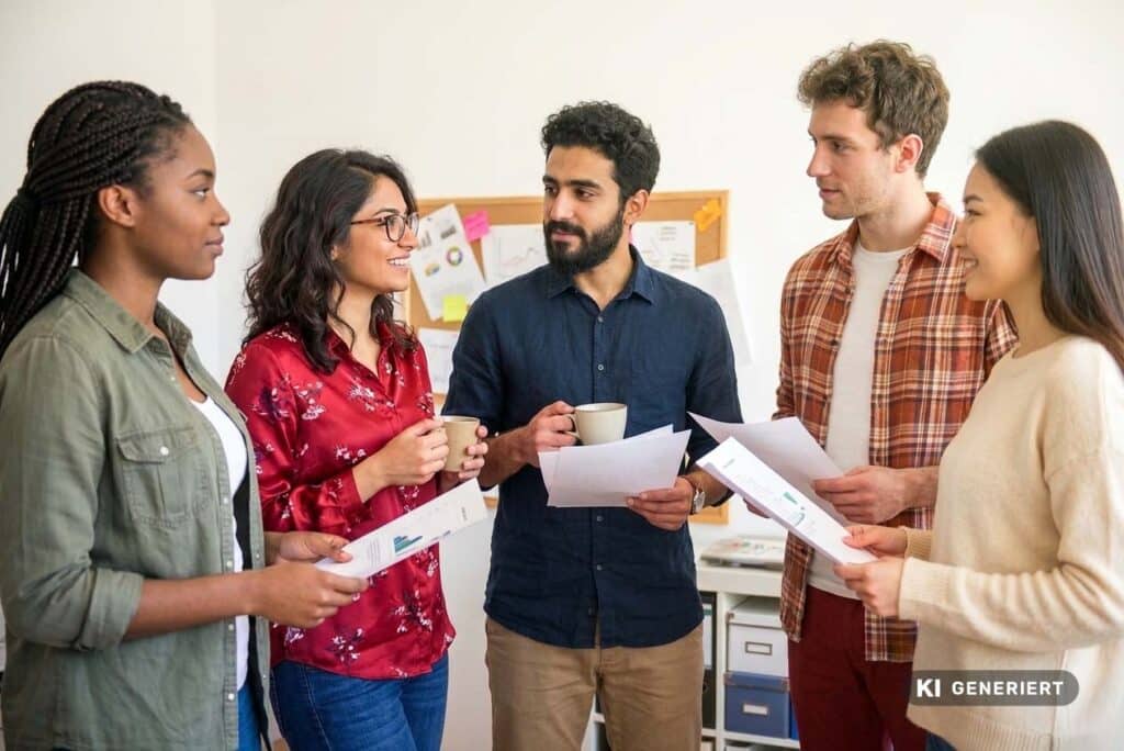 Fotorealistische KI-Generierung: Eine diverse Gruppe von fünf Auszubildenden steht in einem Raum zusammen, hält Papiere mit Diagrammen sowie Tassen in den Händen und unterhält sich angeregt.