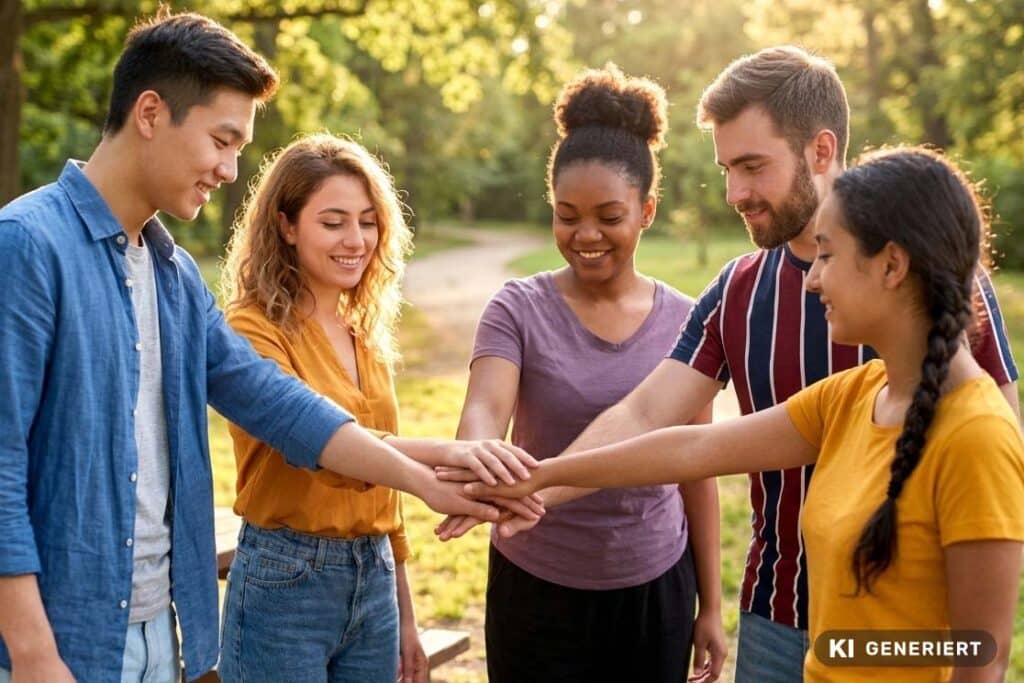 Fotorealistische KI-Generierung: Eine diverse Gruppe von fünf jungen Menschen steht im Freien in einem Park zusammen und legt ihre Hände motiviert aufeinander.