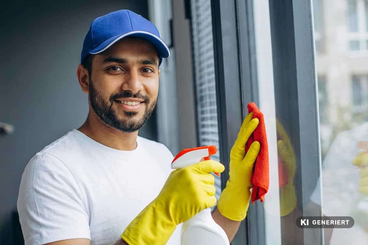Fotorealistische KI-Generierung: Ein lächelnder Auszubildender mit blauer Schirmmütze, weißem T-Shirt und gelben Putzhandschuhen reinigt mit einer Sprühflasche und einem roten Tuch eine Glasscheibe.
