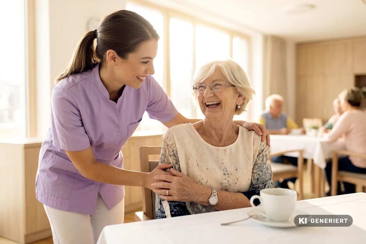 Fotorealistische KI-Generierung: Eine freundliche Pflege- oder Servicekraft in fliederfarbener Arbeitskleidung steht hinter einer älteren, lachenden Frau an einem gedeckten Kaffeetisch und legt ihr unterstützend die Hand auf die Schulter.