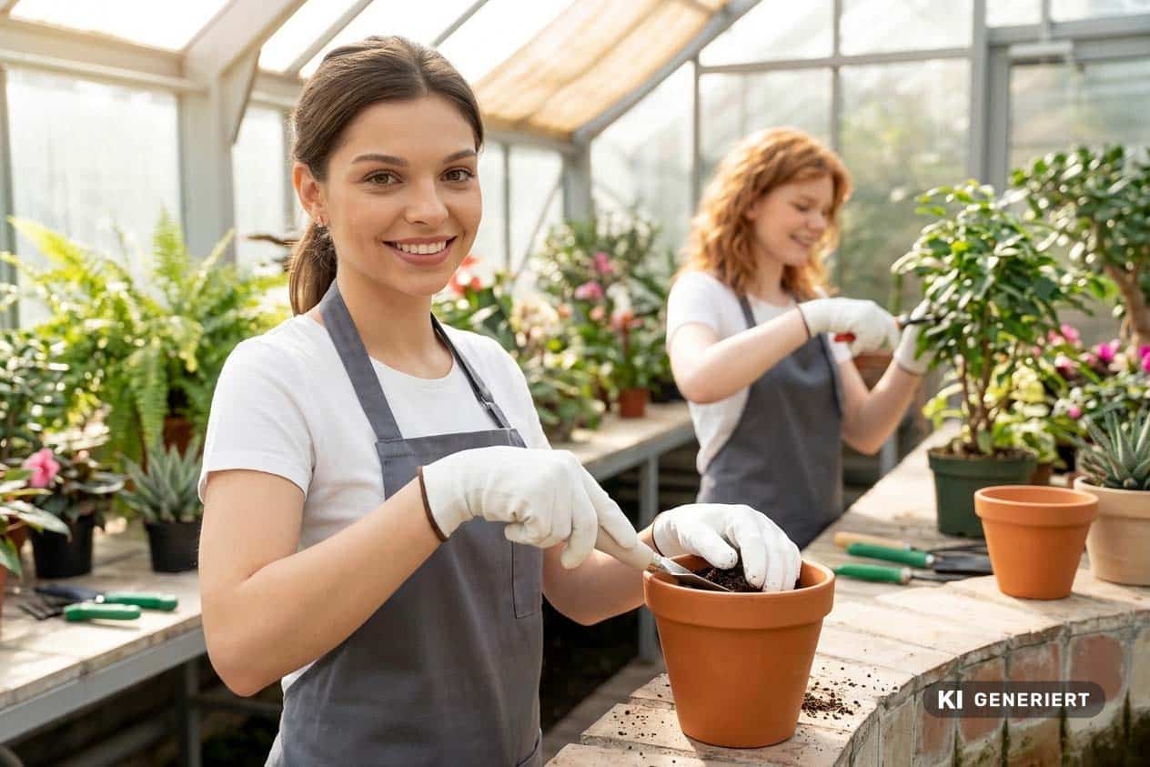 Fotorealistische KI-Generierung: Eine lächelnde Auszubildende in Schürze und Gartenhandschuhen füllt mit einer kleinen Schaufel Erde in einen Blumentopf in einem Gewächshaus, während im Hintergrund eine weitere Person Pflanzen pflegt.