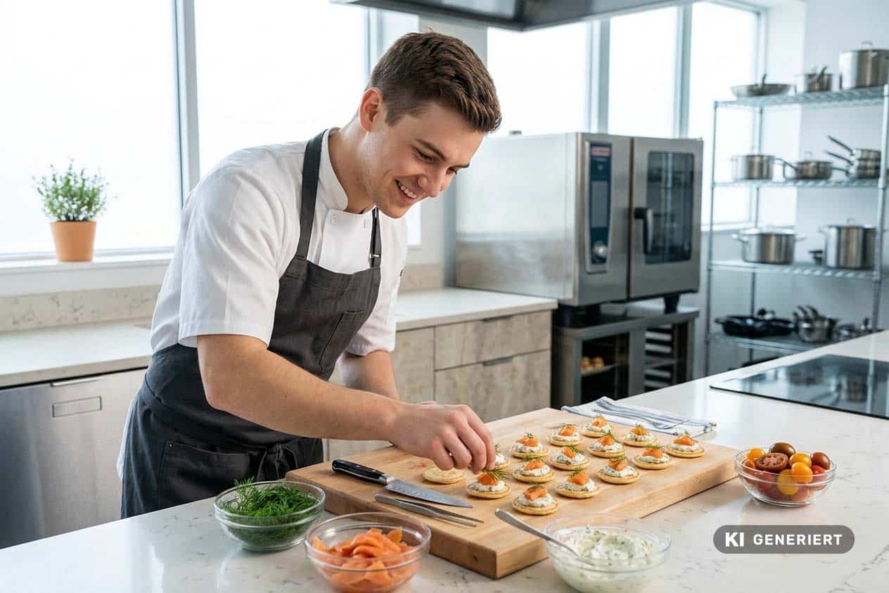 Fotorealistische KI-Generierung: Ein junger Auszubildender in weißer Kochjacke und dunkler Schürze bereitet in einer professionellen Großküche kleine Canapés oder Vorspeisen auf einem Holzbrett zu.