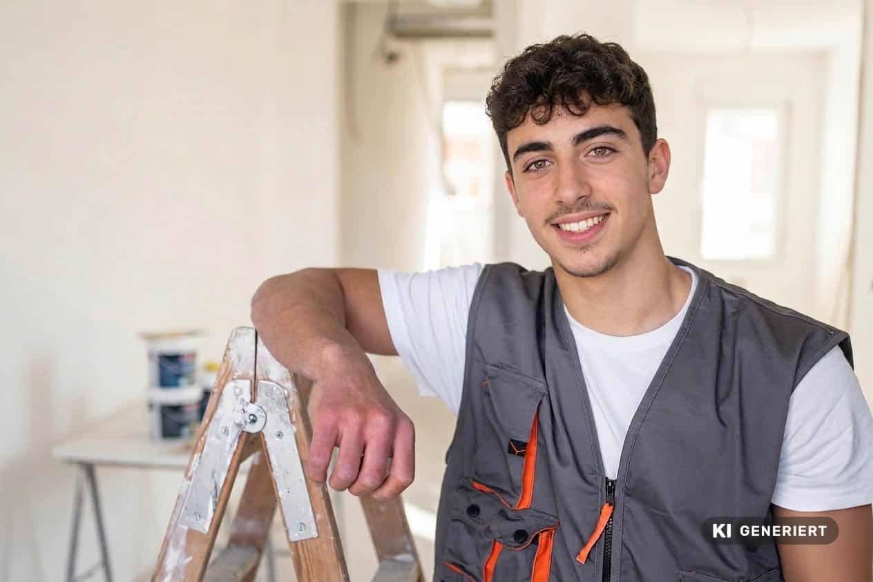 Fotorealistische KI-Generierung: Ein junger Auszubildender in Arbeitskleidung und Weste lächelt freundlich und lehnt sich an eine Holzleiter in einem unfertigen, hellen Raum mit Farbeimern im Hintergrund.