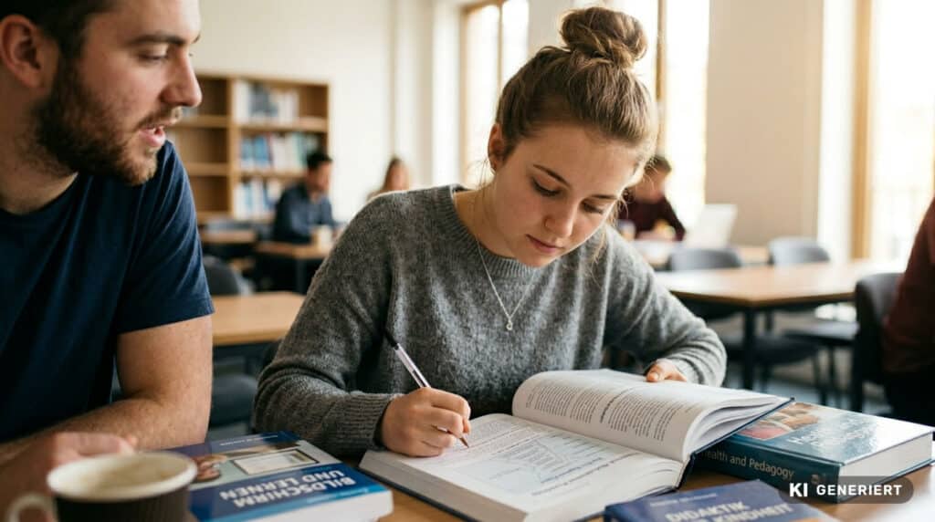 Fotorealistische KI-Generierung: Eine Schülerin sitzt an einem Holztisch und schreibt konzentriert in ein offenes Fachbuch, während neben ihr ein Mitschüler sitzt und Kaffeetassen auf dem Tisch stehen.