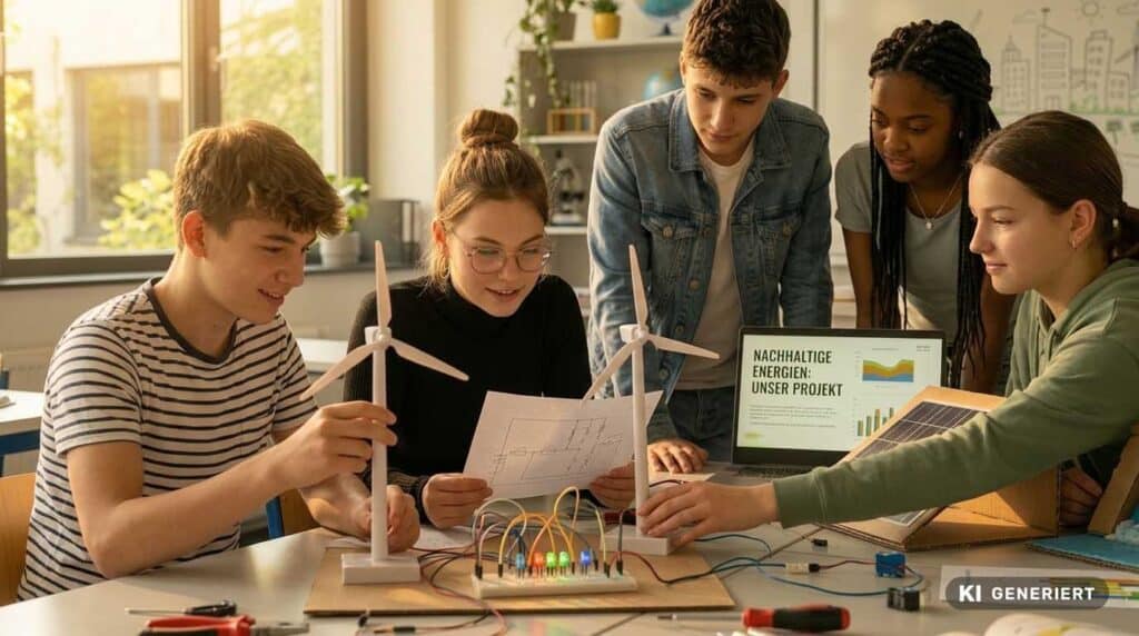 Fotorealistische KI-Generierung: Eine Gruppe von fünf Schülern arbeitet in einem Klassenzimmer an einem Projekt zu nachhaltigen Energien mit Windkraftmodellen, Schaltkreisen und einem Laptop mit Präsentation.